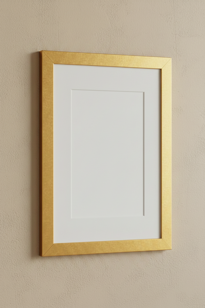 Gullramme med hvit passepartout på beige vegg